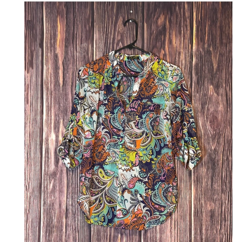 DEPRI Blouse Womens Small Teal Orange Paisley Roll Tab Sleeve Boho Top